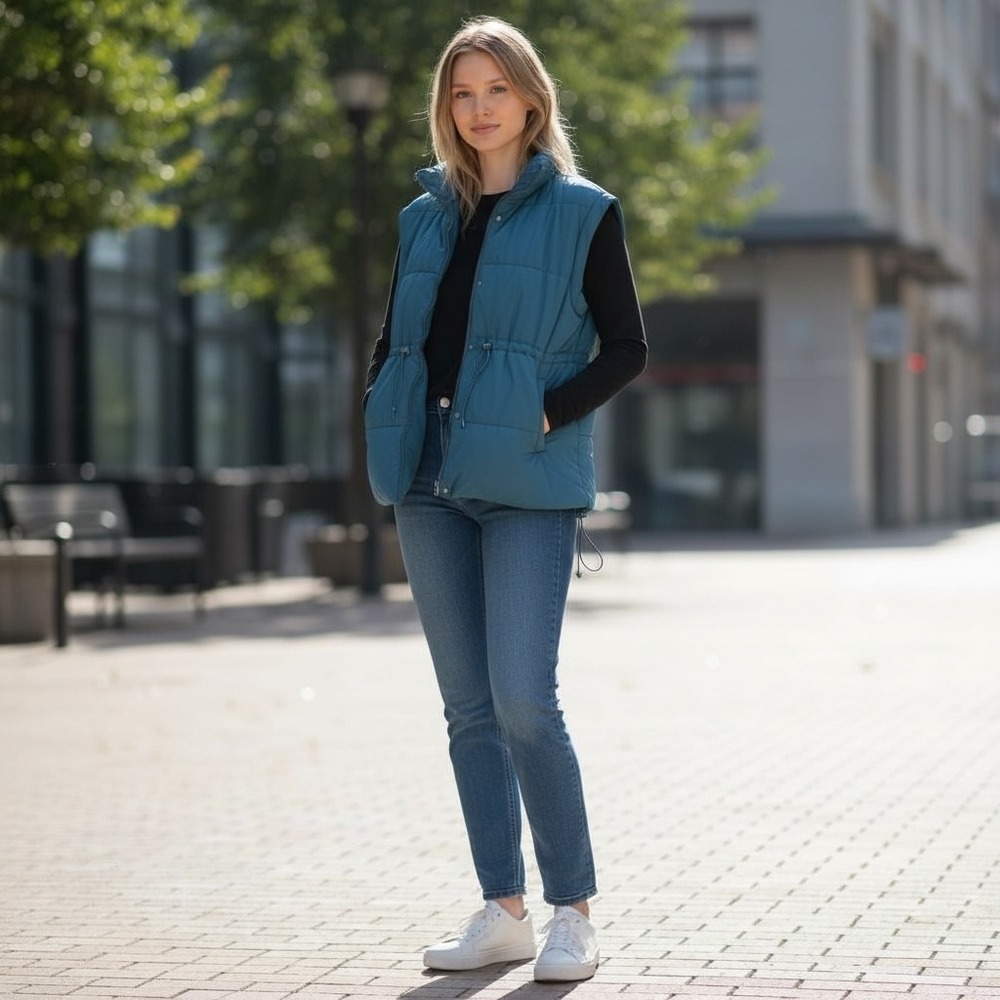 CALLA Teal Puffer Vest Drawstring Waist Stand‎ Collar Sleeveless Women's L XL
